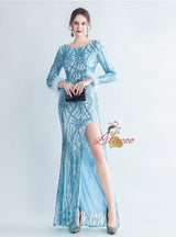 Long Sleeve Split Sequins Prom Dress