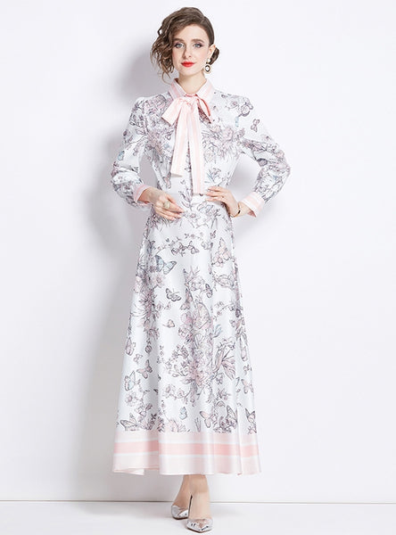 Retro Printed Lapel Long Sleeve Dress