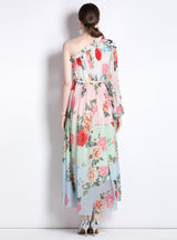 Chiffon Diagonal Shoulder Beach Print Dress
