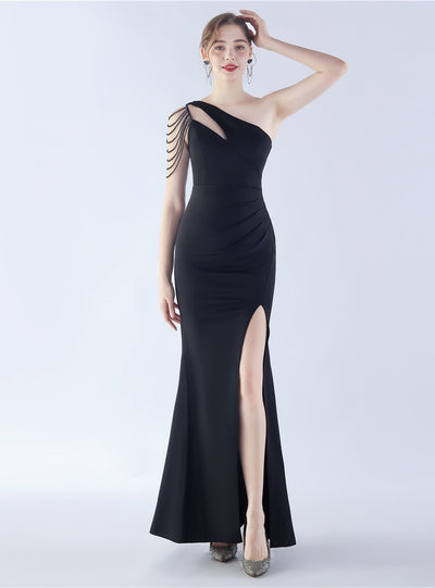 One Shoulder Split Beading Prom Dress