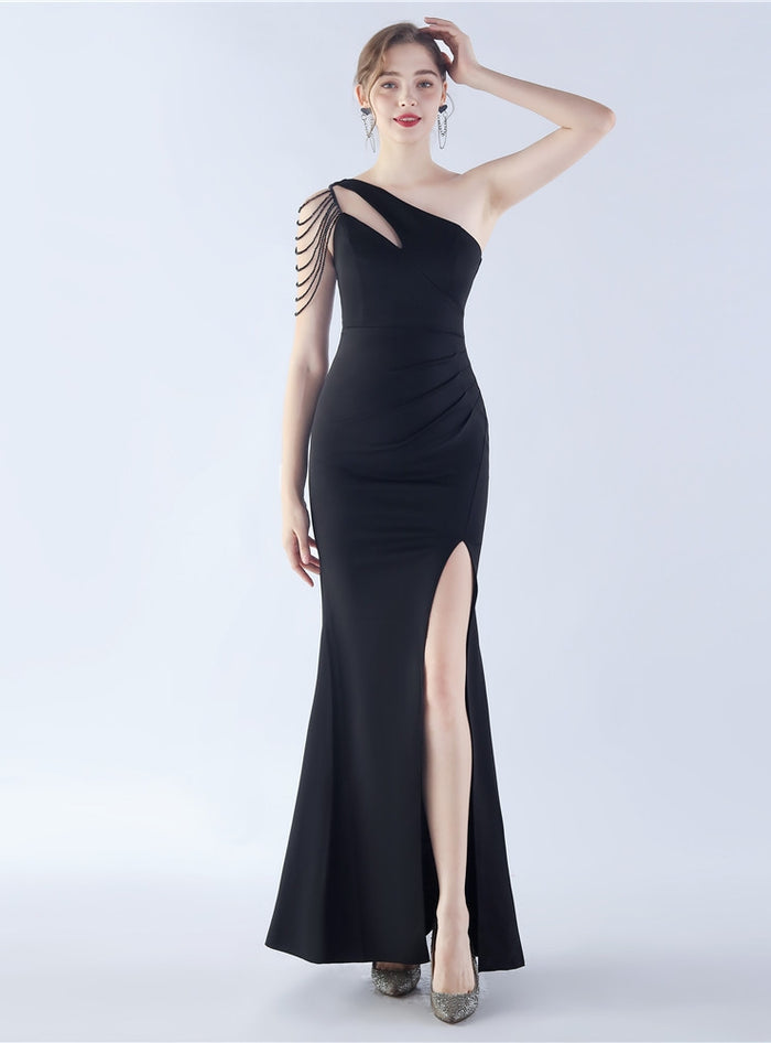One Shoulder Split Beading Prom Dress