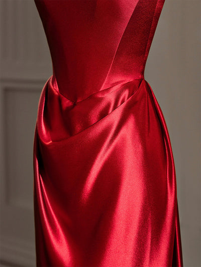 Burgundy Satin Straps Pleats Prom Dress