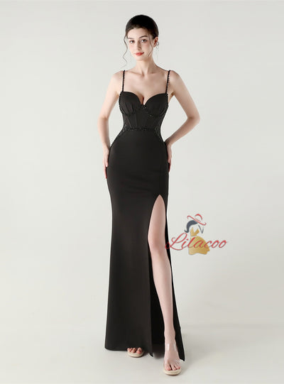 Spaghetti Straps Split Beading Prom Dress