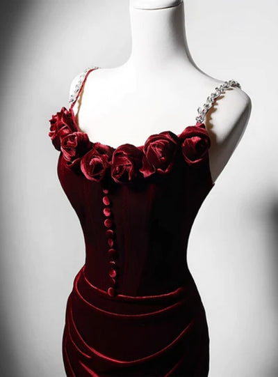 Burgundy Mermaid Velvet Straps Flower Prom Dress