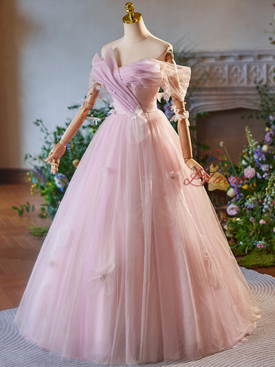 Pink Tulle Pleats Butterfly Prom Dress