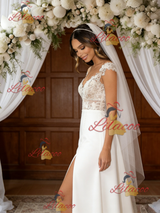 White Satin Lace Off the Shoulder Split Wedding Dress