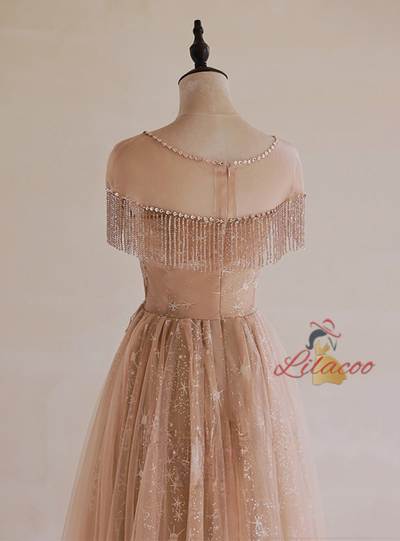 Champagne Tulle Beading Prom Dress