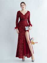 V-neck Long Sleeve Sequins Prom Dress
