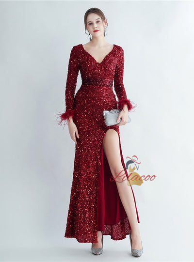 V-neck Long Sleeve Sequins Prom Dress
