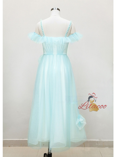 Light Blue Tulle Straps Flower Prom Dress