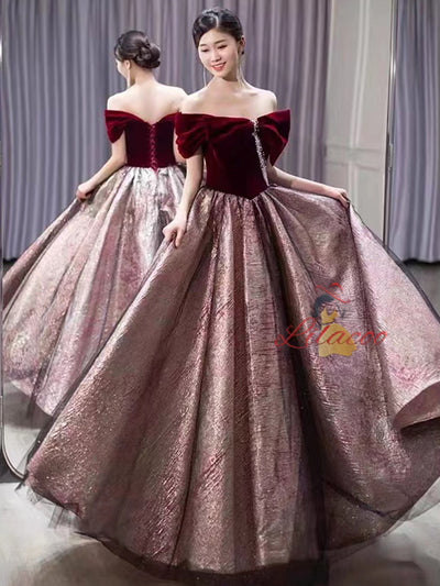 Burgundy Velvet Pleats Pearls Prom Dress