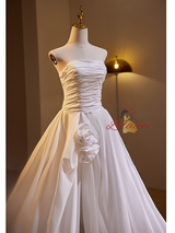 White Satin Pleats Split Wedding Dress
