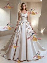 Ivory Satin Straps Sleeveless Wedding Dress
