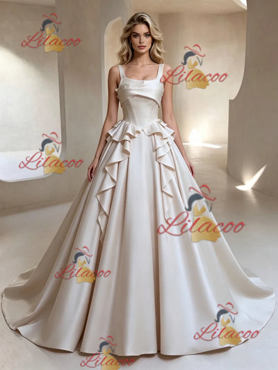 Ivory Satin Straps Sleeveless Wedding Dress