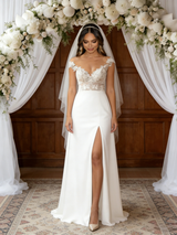 White Satin Lace Off the Shoulder Split Wedding Dress