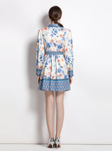 Printed Retro Lapel Lantern Sleeve Dress