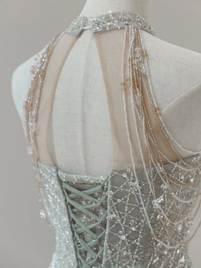 Gray Sequins Halter Beading Prom Dress