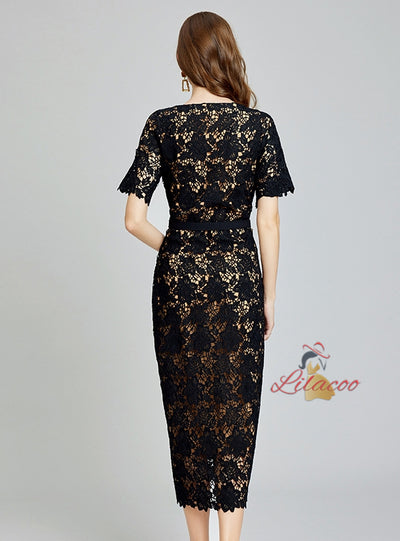 Sexy V-neck Lace Openwork Long Dress