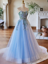 Blue Tulle Spaghetti Straps Appliques Prom Dress