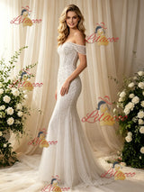 White Mermaid Sequins Beading Wedding Dress