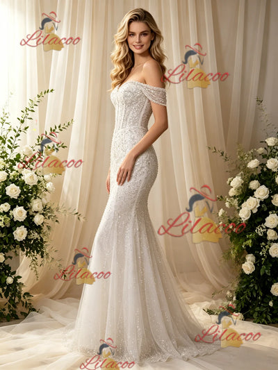 White Mermaid Sequins Beading Wedding Dress