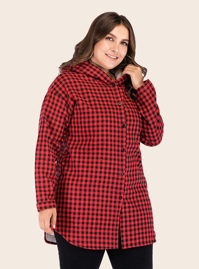 Hooded Long-sleeved Plaid Jacket Coat
