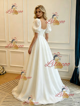 White Square Neck Puff Sleeve Wedding Dress