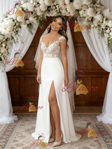 White Satin Lace Off the Shoulder Split Wedding Dress
