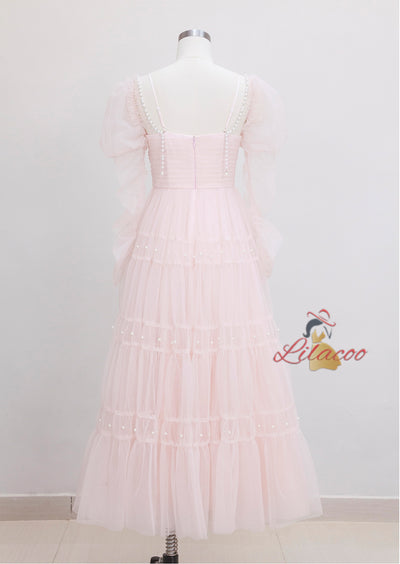 Pink Tulle Long Sleeve Pleats Pearls Prom Dress