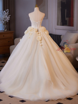 Ivory Tulle Strapless 3D Flower Wedding Dress