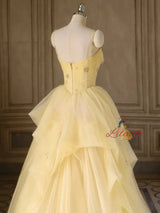 Yellow Tulle Spaghetti Straps Beading Prom Dress