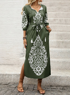 Casual Retro Ethnic Print Split Dress
