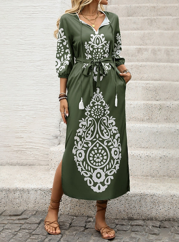 Casual Retro Ethnic Print Split Dress