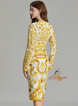 Retro Round Neck Printed Long-sleeved Slim Dress