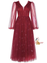 Burgundy Long Sleeve Tulle V-neck Prom Dress