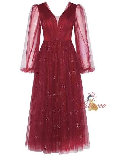 Burgundy Long Sleeve Tulle V-neck Prom Dress