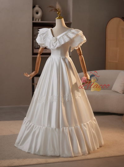White Satin Lace V-neck Wedding Dress