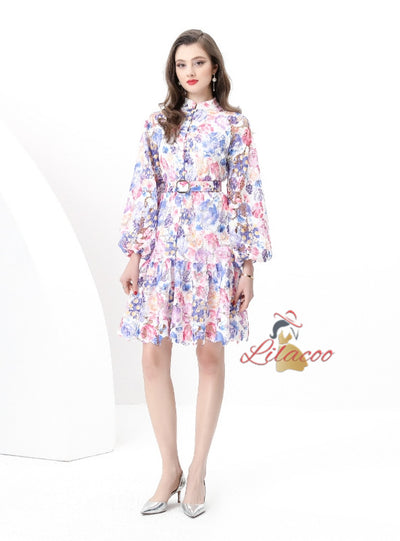 Retro Lace Long Sleeve Mini Print Dress