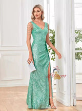 V-neck Sequined Slit Evening Dress