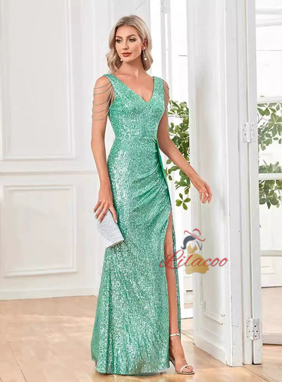 V-neck Sequined Slit Evening Dress