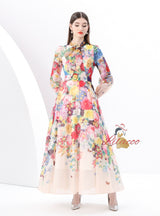 Lantern Sleeve Retro Print Slim Dress