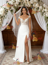 White Satin Lace Off the Shoulder Split Wedding Dress