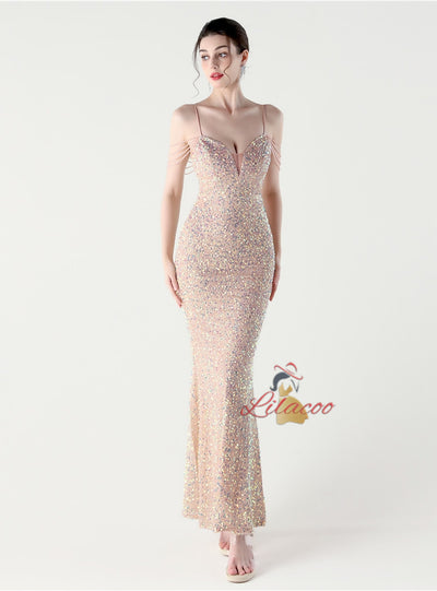 Mermaid Sequins Spaghetti Straps Beading Prom Dress
