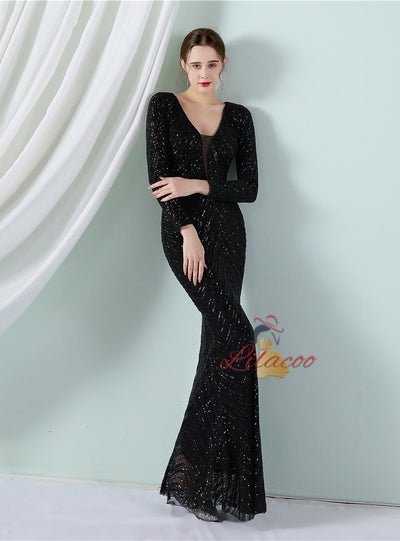 Mermaid Sequins Long Sleeve V-neck Prom Dress