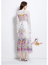 Palace Deep V-neck Lace Horn Sleeve Button Printed Dress
