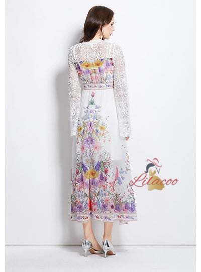 Palace Deep V-neck Lace Horn Sleeve Button Printed Dress