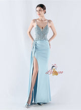 Mermaid Spaghetti Straps Lace Appliques Split Prom Dress