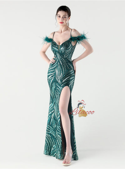 Mermaid Sequins Spaghetti Straps Split Prom Dress