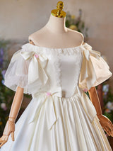 Ivory Satin Lace Puff Sleeve Bow Wedding Dress