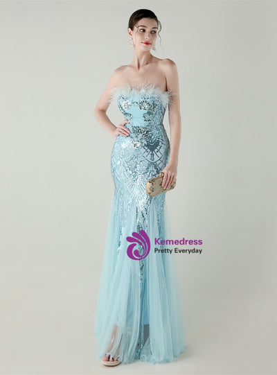 Mermaid Sequins Tulle Strapless Prom Dress